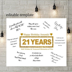 Regalo de cumpleaños EDITABLE de 21, Libro de visitas de cumpleaños imprimible, Tablero de firmas de 21 años, Decoración de cumpleaños 21, Recuerdos preciados de buenos deseos