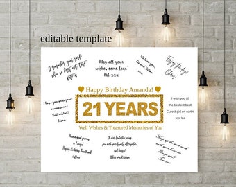 EDITABLE 21st Birthday Gift, Printable Birthday Guest Book, 21 Years Signature Board, 21st Birthday Decor, Well Wishes Treasured Memories