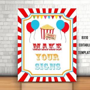 Editable Carnival Party Sign, Printable, Circus Popcorn Sign, Circus Birthday Decor, Instant Carnival Party Decor, Carnival Template, gift