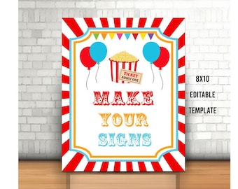 Editable Carnival Party Sign, Printable, Circus Popcorn Sign, Circus Birthday Decor, Instant Carnival Party Decor, Carnival Template, gift