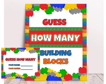 Building Blocks Birthday Signs, Building Blocks Guess How Many Activity, Sign and Cards, Boys Party Games, Printable Building Blocks, Gift
