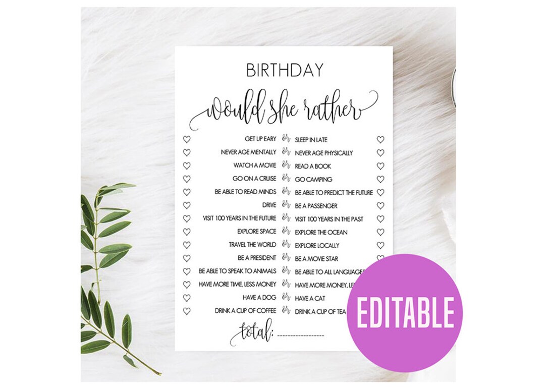 Birthday Would She Rather, Printable Birthday Games, Editable Would She ...