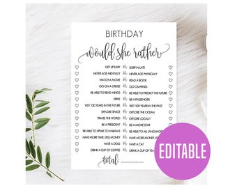 Birthday Would She Rather, Printable Birthday Games, Editable Would She Rather Birthday Game, Birthday Game Template, Birthday Game, Girls
