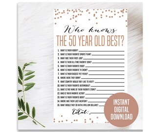 Jeu des 50 ans en or rose, imprimable, 50e anniversaire important, 50e jeu de société, anecdotes 50e anniversaire, qui connaît les 50 ans le mieux