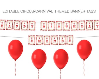 Bearbeitbares Zirkus Banner zum ausdrucken, Karneval Buchstaben Dekor, Zirkus Vorlage, Karneval Geburtstag Dekoration, Karneval Geburtstag Schilder, Corjl