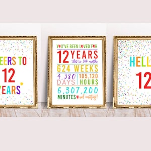 12th Birthday Signs Bundle, Cheers to 12 Years, Hello 12, Happy 12th Birthday, Colorful 12th Birthday Signs, 12th Anniversary Signs Pack