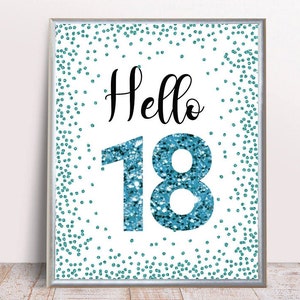 Blue Hello 18 Sign, Printable, Cheers to 18 Years, 18th Birthday Sign, 18th Anniversary Sign, Light Blue Birthday Party Decoration, Blue 18