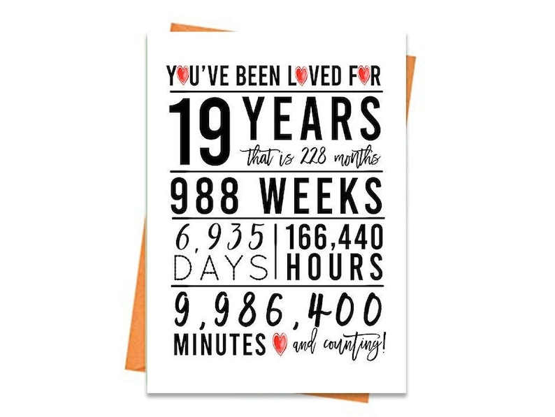 Op de afbeelding: Een witte kaart met een rood hart en zwarte tekst die "You've been loved for 19 years that is 228 months 988 weeks 6,935 days 166,440 hours 9,986,400 minutes and counting!" luidt.