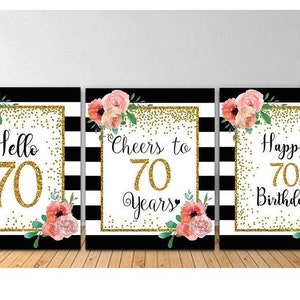 Decoración del 70 cumpleaños, Paquete de signos de cumpleaños 70, Saludos a los 70 años, Hola 70, Signos de cumpleaños 70 de oro, Signos florales del 70º cumpleaños