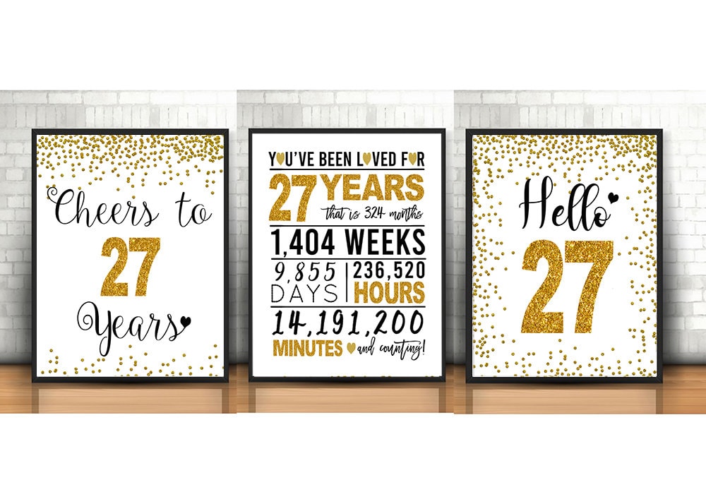 Gold 27th Birthday Signs Bundle, Cheers to 27 Years, Hello 27, Happy ...