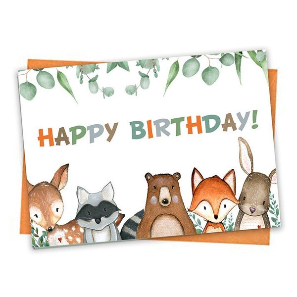 Woodland Birthday Card, Printable Birthday Card, Colorful Birthday Card, Forest Animals Birthday Card, Happy Birthday Printable Card, Pastel