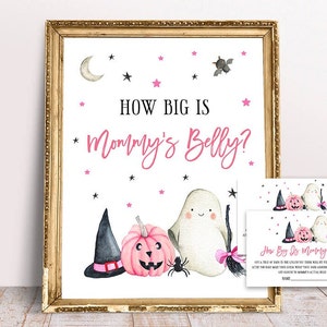 Chá de bebê rosa de Halloween, Halloween Quão grande é o cartão de sinalização da barriga da mamãe, decoração de chá de menina imprimível, chá de Halloween, Little Boo is Due