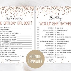 How well do you know the birthday girl, Who knows the birthday girl best, Birthday Quiz, Would She Rather, Birthday party game, Rose Gold