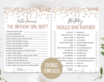 How well do you know the birthday girl, Who knows the birthday girl best, Birthday Quiz, Would She Rather, Birthday party game, Rose Gold