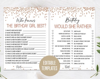 How well do you know the birthday girl, Who knows the birthday girl best, Birthday Quiz, Would She Rather, Birthday party game, Rose Gold