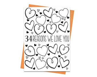 34th Birthday Card, Printable Birthday Card, 34th Birthday Printables, Greeting card printables, 34 Reasons We Love You Birthday Card Files