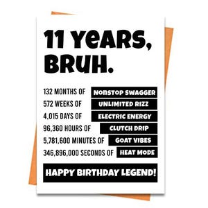 May include: A birthday card with the text "11 YEARS, BRUH." in bold black letters. The card lists milestones like "132 MONTHS OF NONSTOP SWAGGER" and ends with "HAPPY BIRTHDAY LEGEND!" on a white background with an orange border.