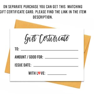 Op de afbeelding: Een blanco wit cadeaucertificaat met de tekst "Gift Certificate" in zwarte cursieve letters. Het certificaat heeft regels voor "To:", "Amount/Good For:", "Issue Date:", en "With Love:".