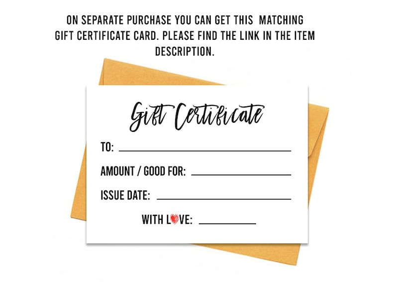 Op de afbeelding: Een blanco wit cadeaucertificaat met de tekst "Gift Certificate" in zwarte cursieve letters. Het certificaat heeft regels voor "To:", "Amount/Good For:", "Issue Date:", en "With Love:".