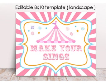 Editable Pink Carnival Party Sign, Printable, Landscape, Circus Canopy, Circus Birthday Decor, Instant Carnival Party, Pink Carnival Signs