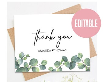 Bohemian Thank You Card with Eucalyptus Greenery, INSTANT DOWNLOAD, Editable Printable Template, Greenery Thank You Card, Thanks Card File