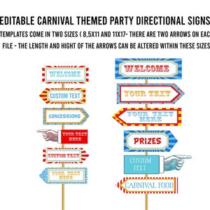 Editable Carnival Signs Direction Arrows, Circus Arrows, Printable Carnival Party Decor, Game Signs, Circus Themed Birthday, Printable arrow