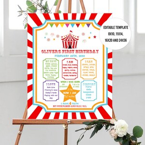 Tent Carnival Circus Birthday Sign, Circus Birthday Board Milestone Sign, Editable Carnival Birthday Poster, Circus Birthday Template. Corjl