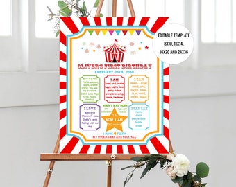 Cartel de cumpleaños de circo de carnaval de carpa, cartel de hito de la junta de cumpleaños de circo, cartel de cumpleaños de carnaval editable, plantilla de cumpleaños de circo. corjl