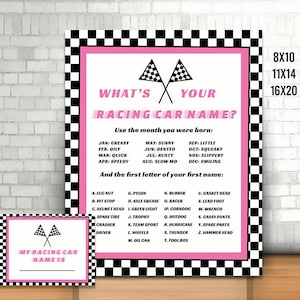 Roze race auto naam naam teken en kaart, afdrukbare, auto namen poster, wat is uw race auto naam? Decor, feestdecor, autoverjaardagsactiviteit