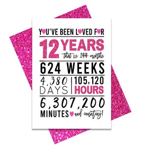 Tarjeta de cumpleaños número 12 de color rosa fuerte, tarjeta de cumpleaños imprimible, imprimibles de cumpleaños número 12, imprimibles de tarjetas de felicitación, cumpleaños número 12 rosa, corazón 12