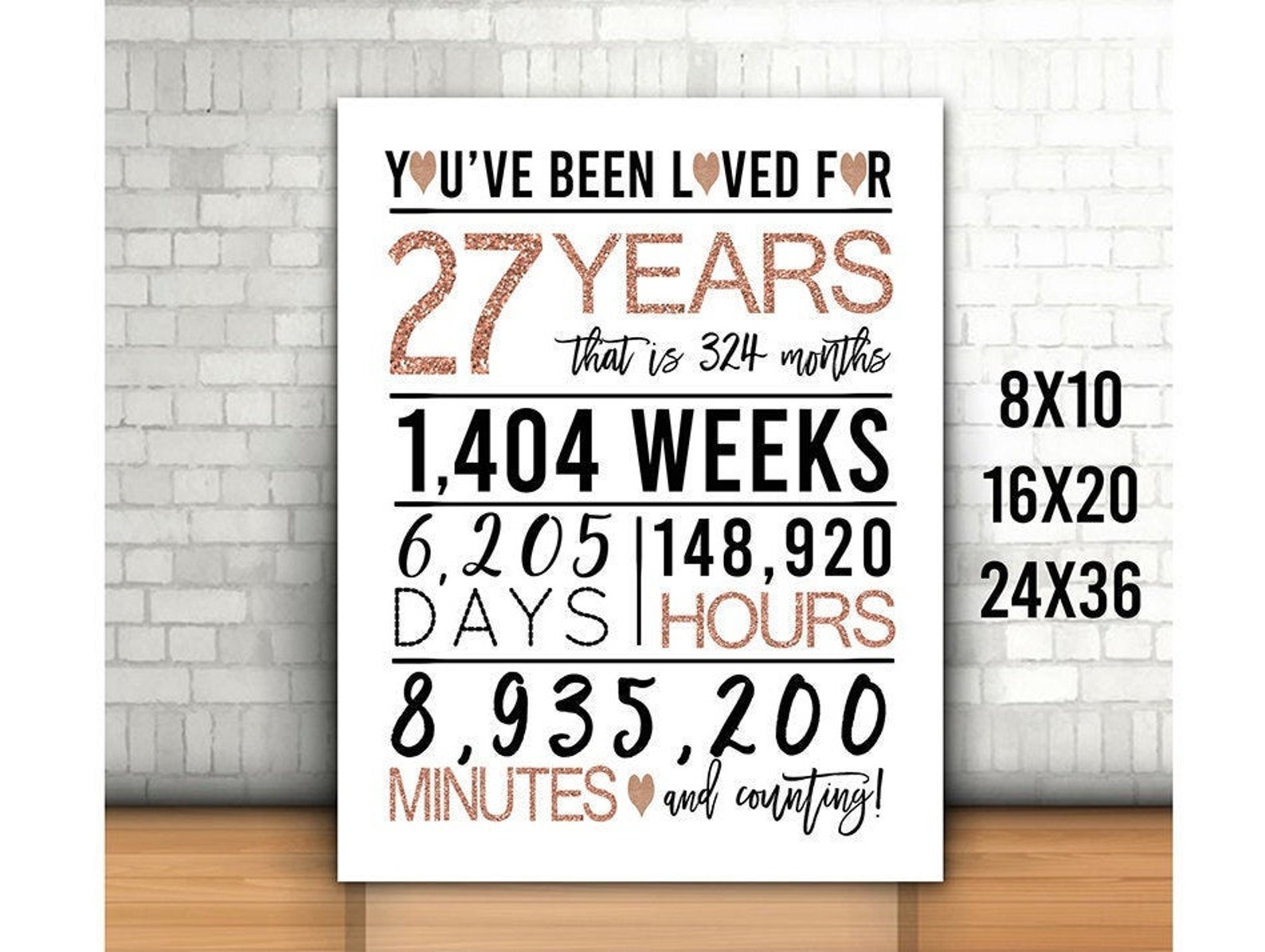 Rose Gold 27th Birthday Sign, You Have Been Loved for 27 Years Sign ...