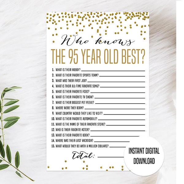 Gold 95th Birthday Game, Printable, 95th Birthday Party Activity, 95th Party Game, 95th Birthday Trivia, Who Knows the 95 Year Old Best Game