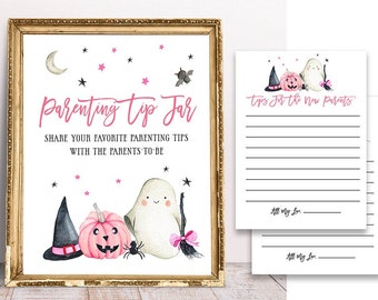 Consejos para los padres, Tarjetas de consejos para los padres, Deseos para los futuros padres, Juegos de baby shower de Halloween rosa, Consejos de calabaza rosa