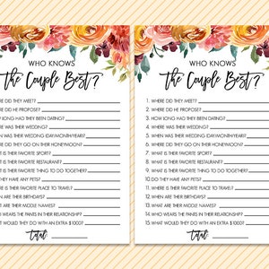 Folhas para festa de aniversário de casamento de outono - Jogo de aniversário - 10º 20º 30º 40º 50º 60º Cartão de jogo floral - Jogo de quem conhece melhor o casal
