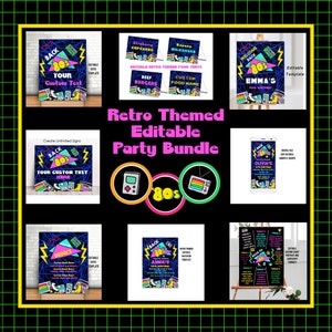 Retro Theme Party Bundle, Invitations & Decorations, Printable Package Set Bundle Pack Kit, Editable 80s Birthday, Custom Decades Party