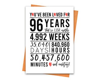 96th Birthday Card, Printable Birthday Card, 96th Birthday Printables, Greeting card printable, red 96th birthday, 96th heart birthday print
