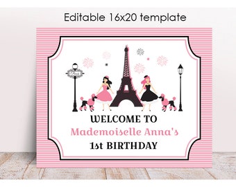 パリをテーマにしたウェルカム テンプレート、印刷可能な女の子の誕生日デコレーション、編集可能なパリの誕生日サイン、16 x 20 横長、ピンクの誕生日パーティー デコレーション