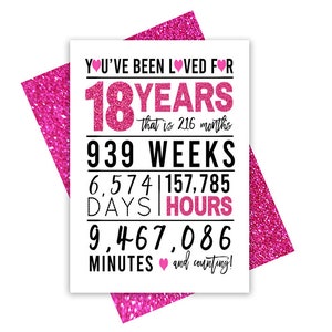 Tarjeta de cumpleaños número 18 de color rosa fuerte, tarjeta de cumpleaños imprimible, imprimibles de cumpleaños número 18, imprimibles de tarjetas de felicitación, cumpleaños número 18 rosa, corazón 18