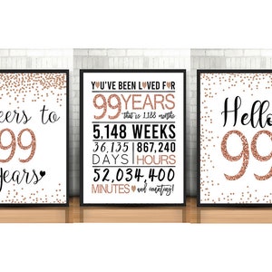 99th Birthday Signs Bundle, Cheers to 99 Years, Hello 99, Happy 99th Birthday, Rose Gold 99th Birthday Signs, 99th Anniversary Signs Pack