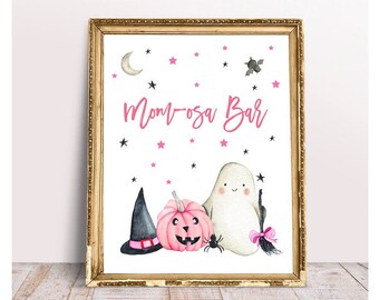 Letrero de barra Momosa de Halloween, decoración de fiesta imprimible rosa, impresión de barra Momosa, baby shower rosa de Halloween, Little Boo is Due, Baby Girl Shower