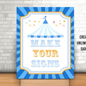 Editable Blue Carnival Party Sign, Printable, Circus Canopy, Circus Birthday Decor, Instant Carnival Party Decor, Light Blue Carnival, Corjl