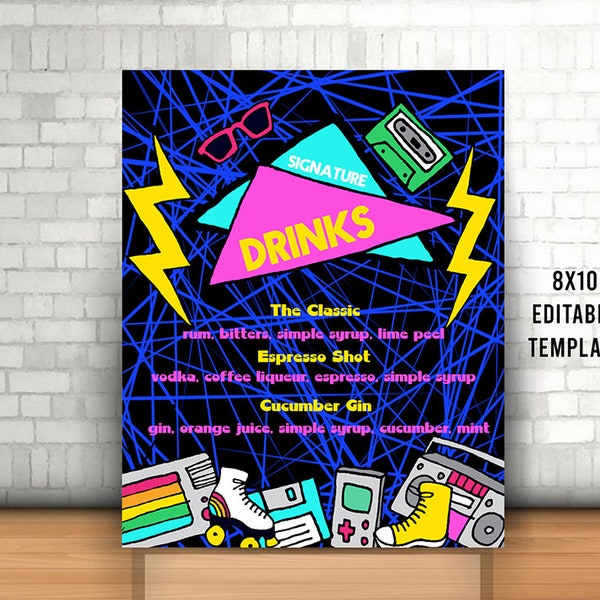 Editable Retro Signature Drinks Template, Printable Retro Signature Drinks, 80s Themed Party, Back to the 80s, Custom Retro Party Decoration