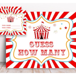 Signos de cumpleaños de carnaval, Carnaval Adivina cuántas actividades, letreros y tarjetas, juegos de fiesta de circo, letrero de carpa de circo, letreros de carnaval imprimibles