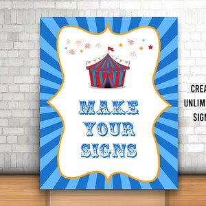 Editable Carnival Party Sign, Printable, Blue Circus Tent Sign, Circus Birthday Decoration, Instant Carnival Party Decor, Carnival Template
