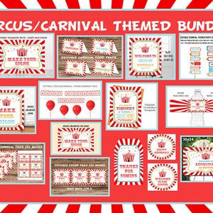 Pacote de festa temática de carnaval, convites e decorações, conjunto de pacotes para impressão, aniversário de circo editável, presente de circo personalizado