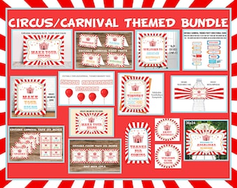 Karneval Thema Party Bundle, Einladungen & Dekorationen, druckbares Paket Set Bundle Pack Kit, bearbeitbarer Zirkus-Geburtstag, benutzerdefiniertes Zirkusgeschenk