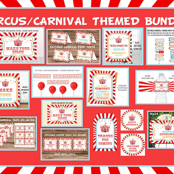 Lot fête à thème Carnaval, faire-part et décorations, lot imprimable, anniversaire cirque modifiable, cadeau cirque personnalisé