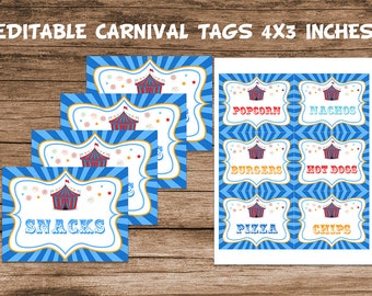 Editable Blue Carnival Birthday Tags, Printable, Circus Tent Template, Circus Birthday Decor, Instant Carnival Party Decor,, Carnival Signs