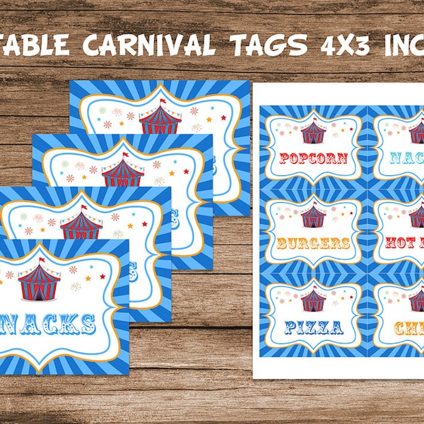 Editable Blue Carnival Birthday Tags, Printable, Circus Tent Template, Circus Birthday Decor, Instant Carnival Party Decor,, Carnival Signs