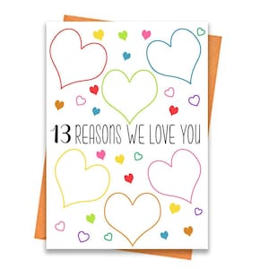 13e carte d'anniversaire, carte d'anniversaire imprimable, 13e anniversaire imprimables, carte de voeux, arc-en-ciel 13e anniversaire, 13 raisons pour lesquelles nous t'aimons carte